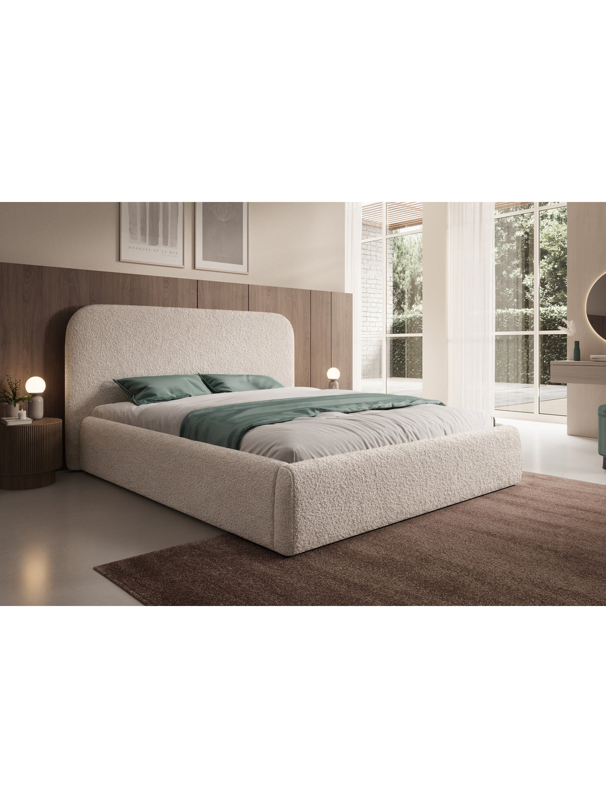 Rasel 180x200 bézs boucle kárpitozott ágy tárolóval, oldalnézet