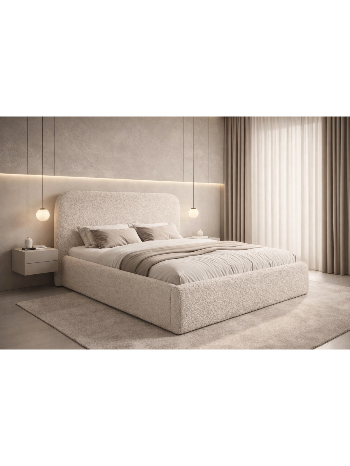 Łóżko tapicerowane Rasel 180x200 w beżowej bukli Quelle 03