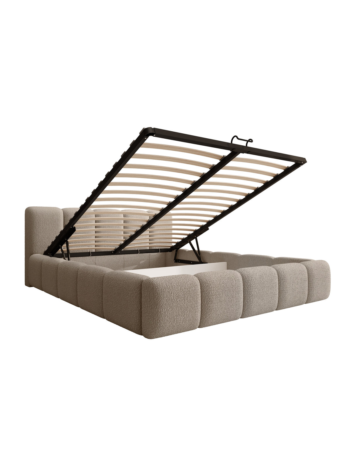 Tesia 160x200 kárpitozott ágy tárolóval sötétbézs bouclé Quelle 05, nyitott tárolóval látható