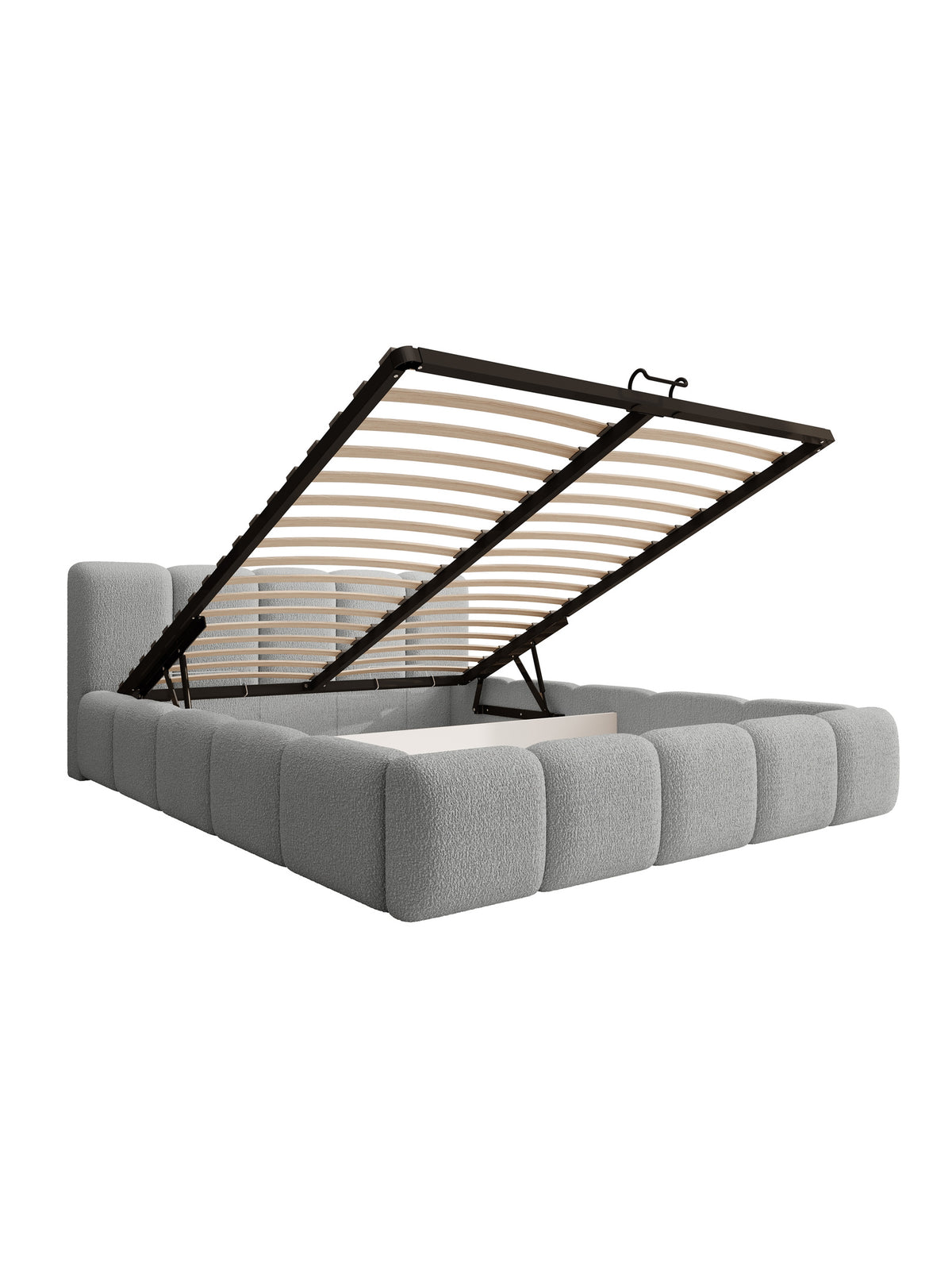 Tesia 160x200 szürke bouclé kárpitozott ágy nyitott ágyneműtartóval oldalnézet