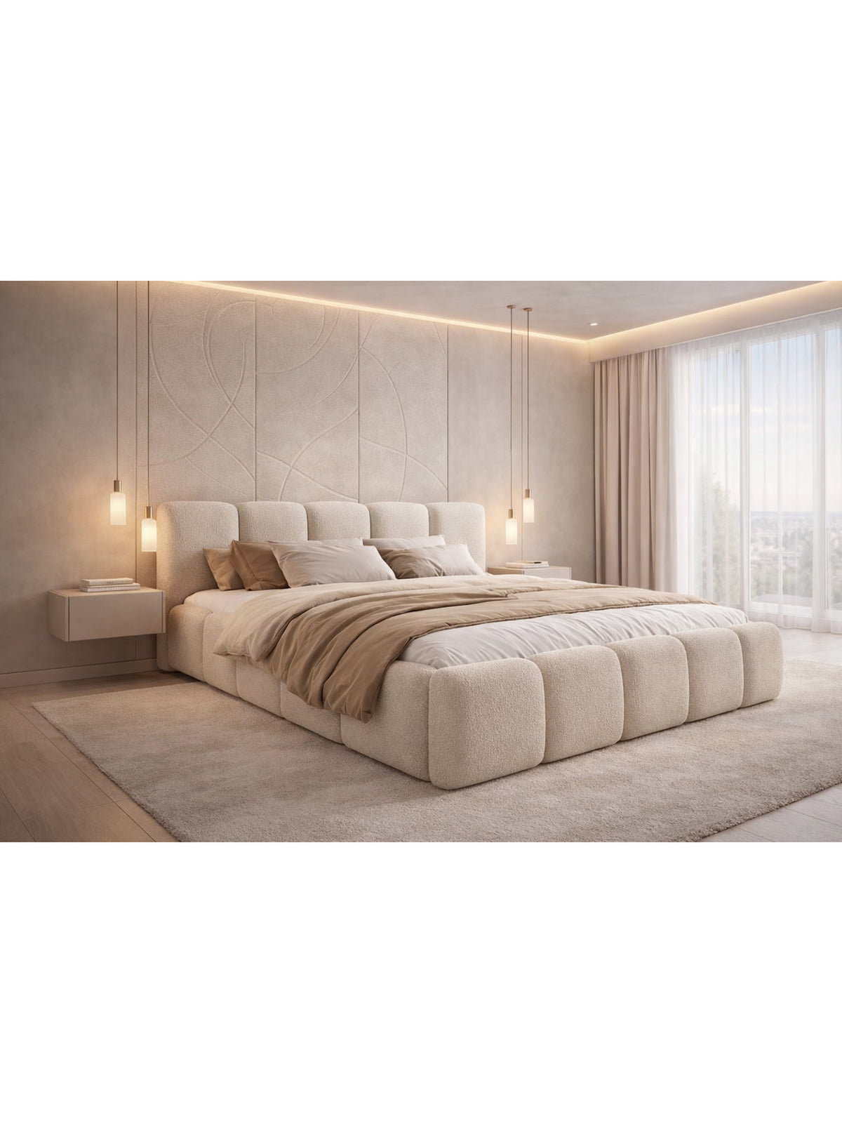 Tesia 180x200 bézs boucle kárpitozott ágy elölről nézve