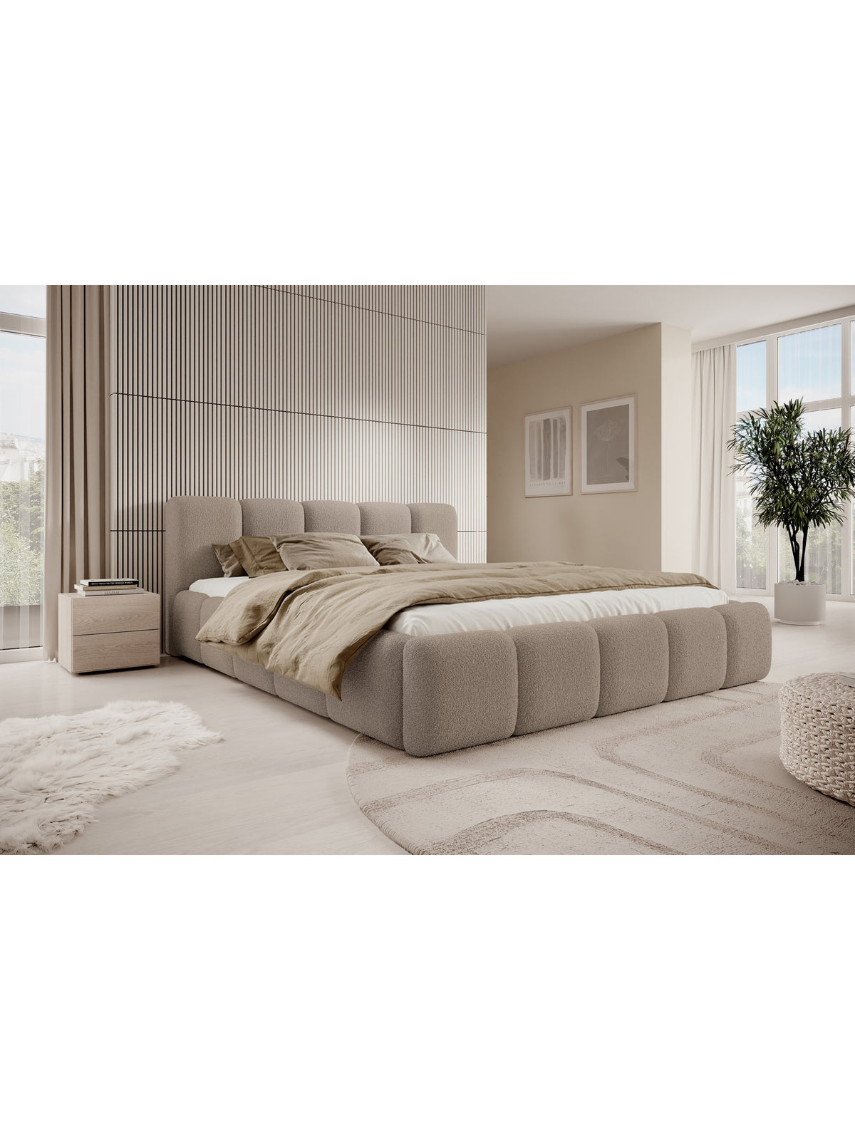 Tesia 180x200 kárpitozott ágy sötét bézs boucle Quelle 05 anyagból, modern stílus