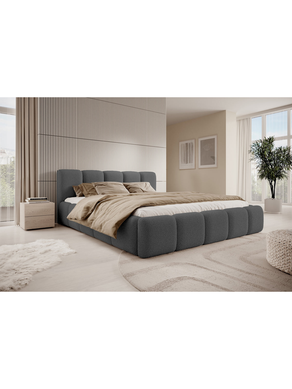 Tesia 180x200 kárpitozott ágy tárolóval, sötétszürke boucle anyag, elölnézet