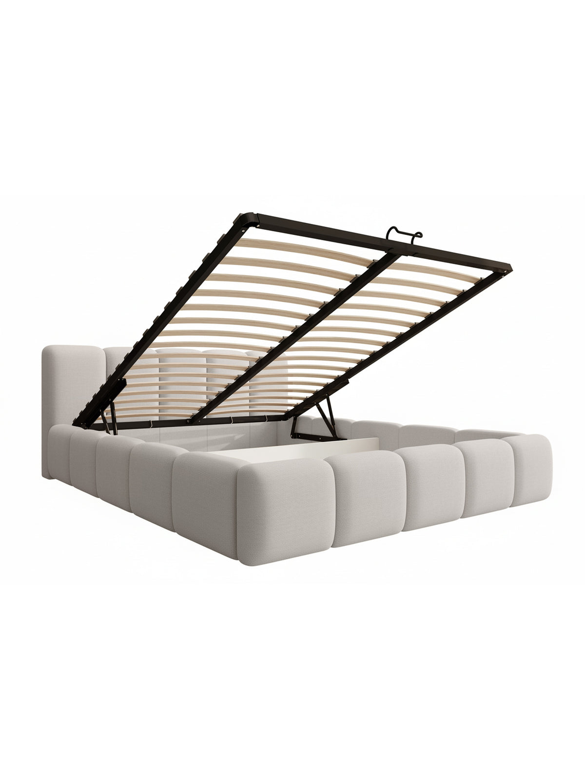 Tesia 180x200 világos bézs kárpitozott ágy tárolóval és gázrugós emeléssel
