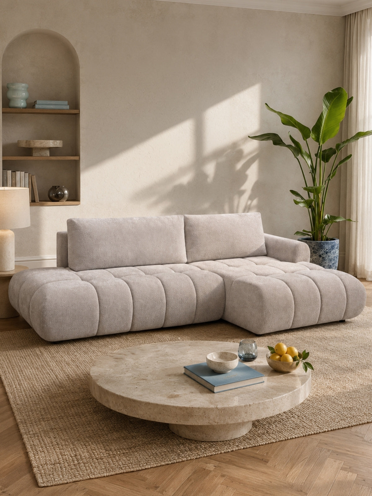 Lutario L II sarokkanapé jobb oldali beige Vibe 08 textil varrott üléssel
