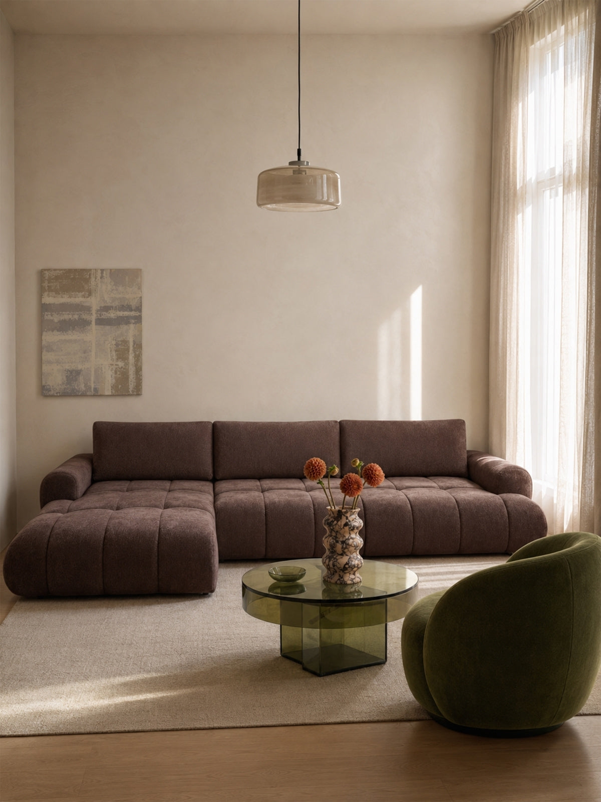 Lutario Maxi bal oldali sarokkanapé barna Vibe 26 szövet, kihúzva, alvófelülettel