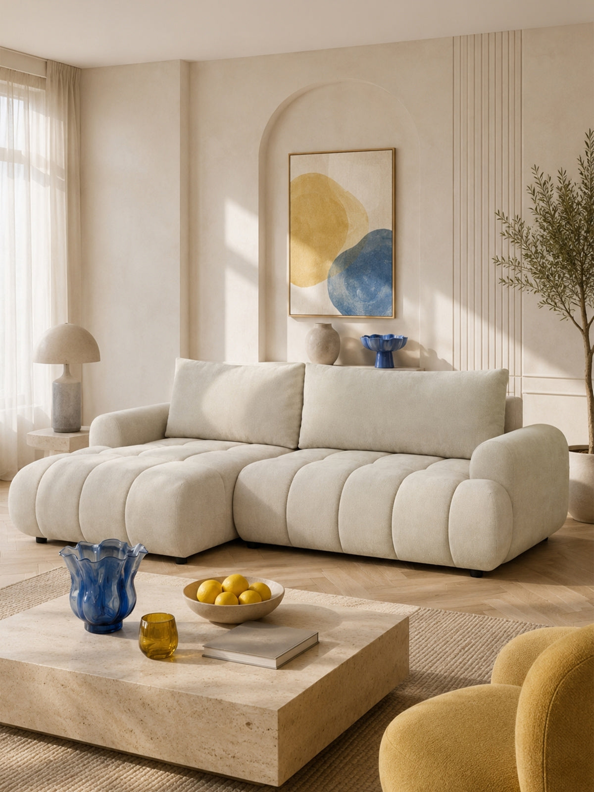 Lutario Mini baloldali világos bézs szenil Vibe 06 sarokkanapé modern stílusban