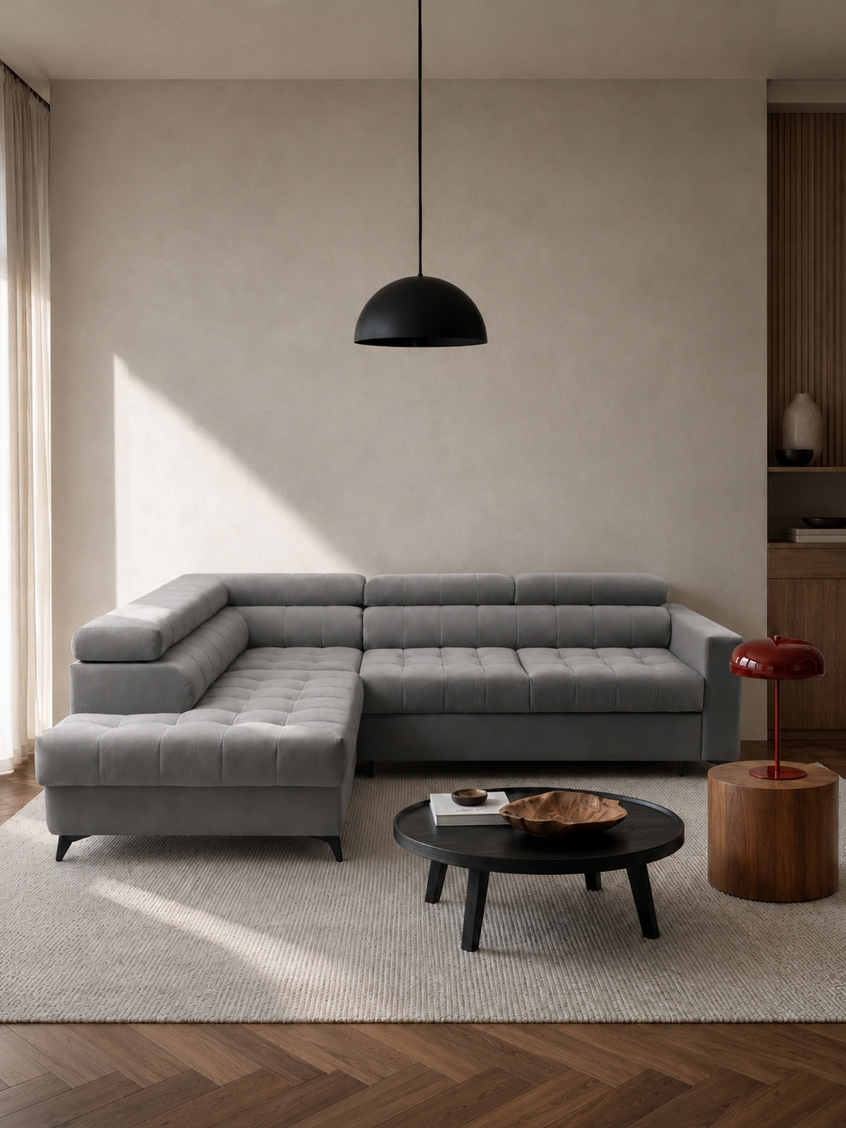 Nardo L sarokkanapé balos, szürke Pretty 17 plüss, modern stílus, elölnézet