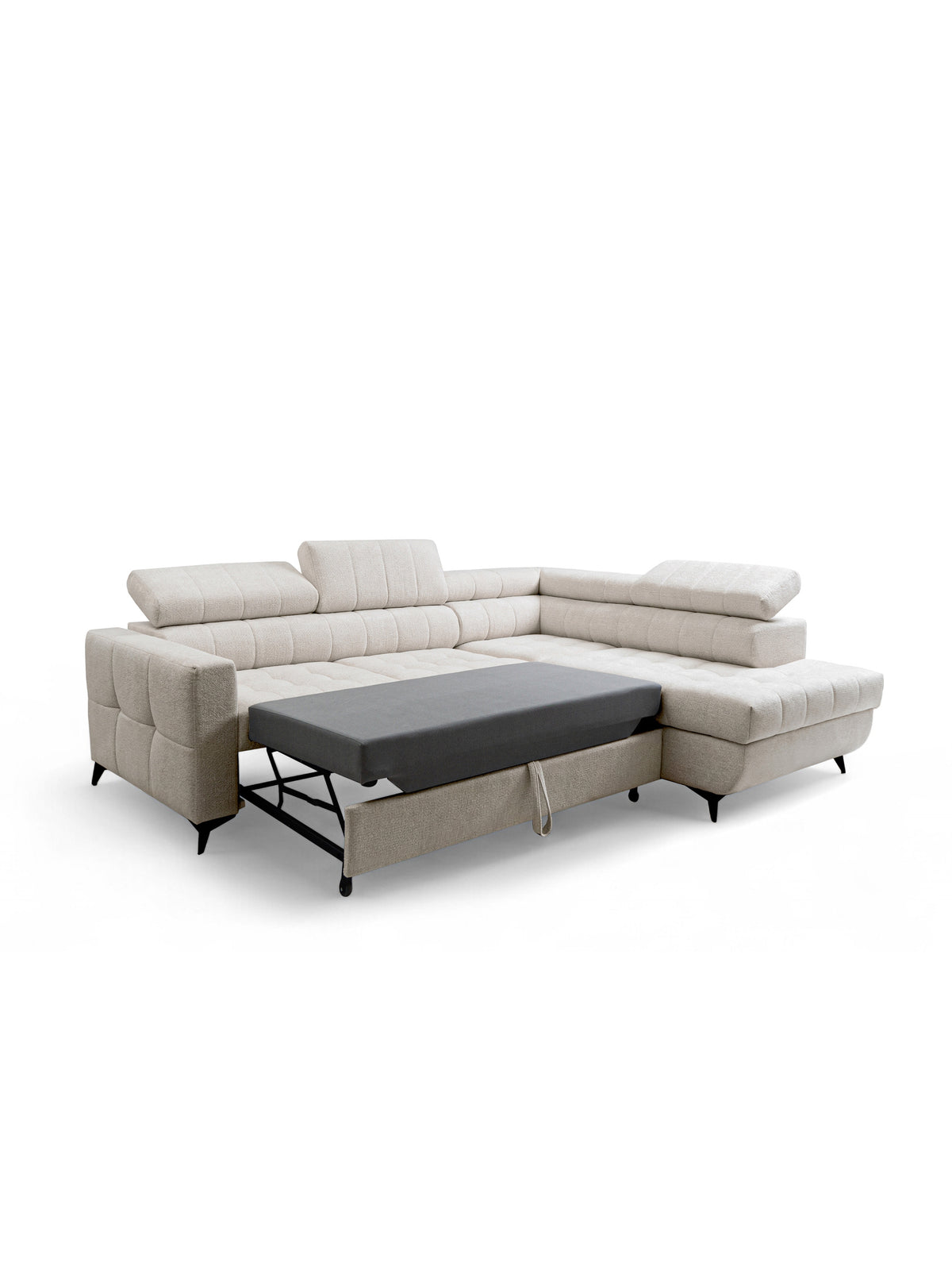 Nardo L sarokkanapé jobb oldali bézs szenil huzattal, kihúzható fekhellyel és fém lábakkal