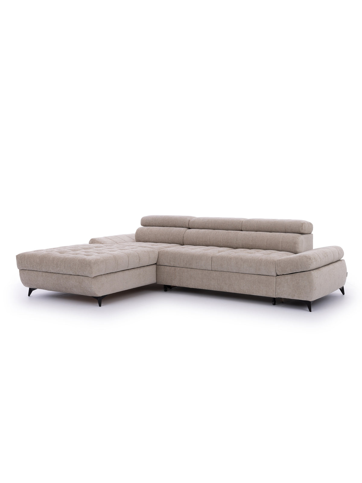 Narożnik z funkcją spania Valoris Mini beżowy z regulowanymi zagłówkami i czarnymi nogami