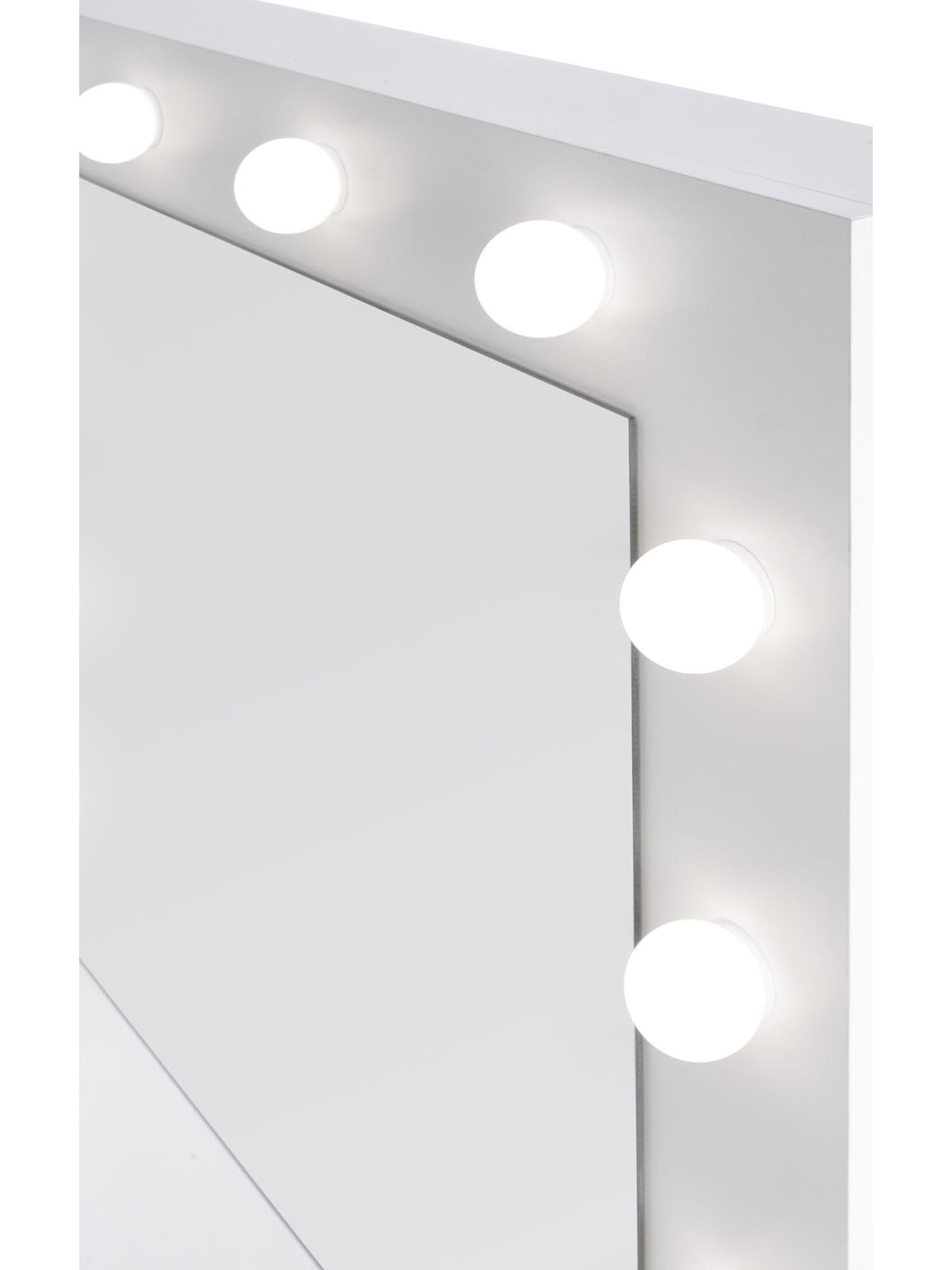 Fehér Velinio 95 cm sminkasztal LED világítással és tükörrel, lámpák részlete