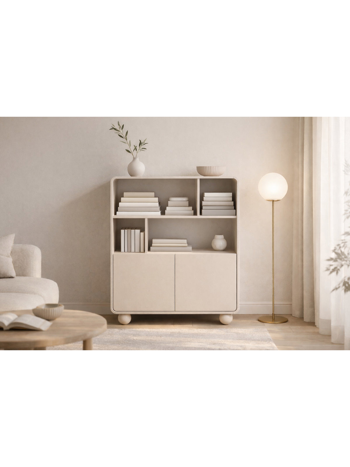 Vellino nyitott polc 108 cm kasmír színben, 2 ajtóval és 3 polccal, Modern Organic stílus