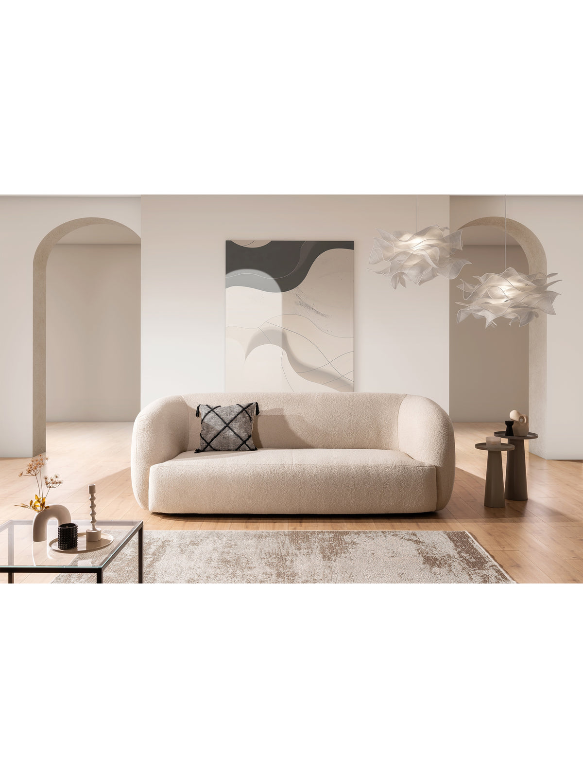 Dalin III háromszemélyes kanapé bézs boucle Lambi 5 modern stílusban