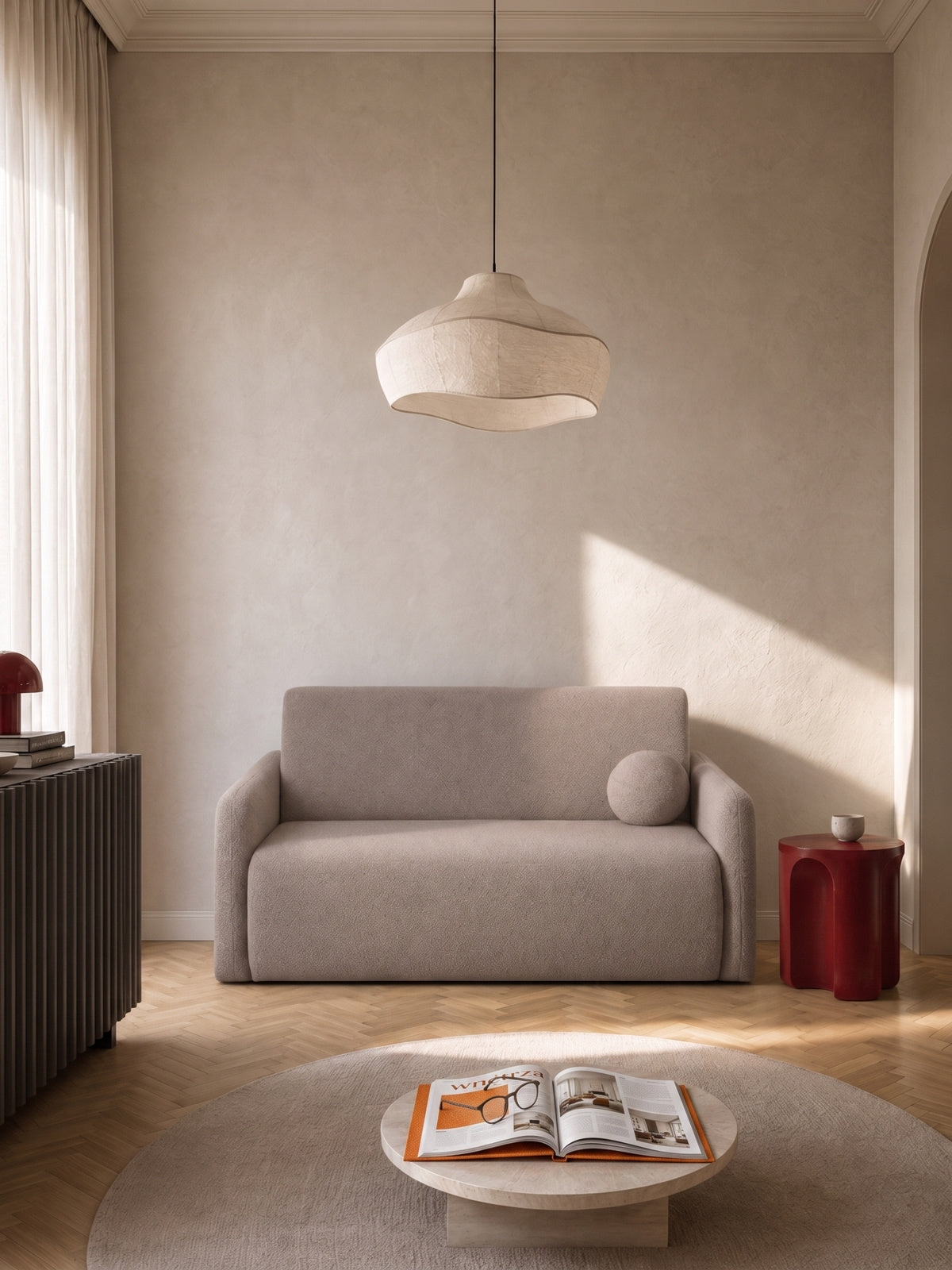 Kinyitható Nido kétszemélyes kanapé 120 cm bézs boucle anyaggal, párnával szobában