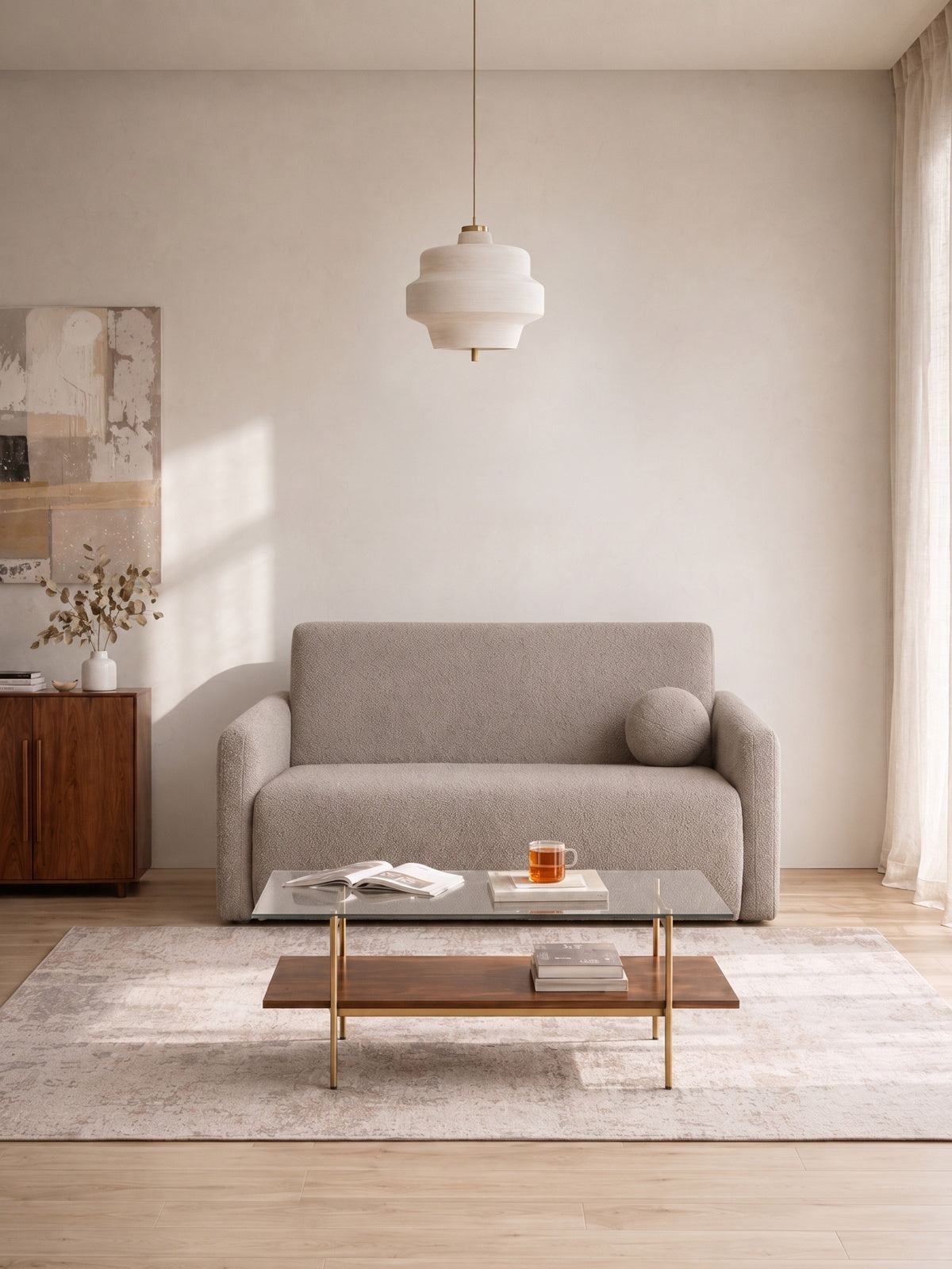 Sofa rozkładana Nido 120 cm beżowa boucle z pojemnikiem na pościel