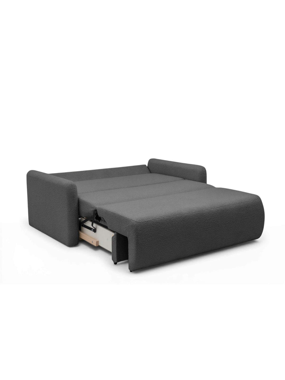 Sofa rozkładana Nido 140 cm z pojemnikiem w szarym bouclé, widok rozłożony