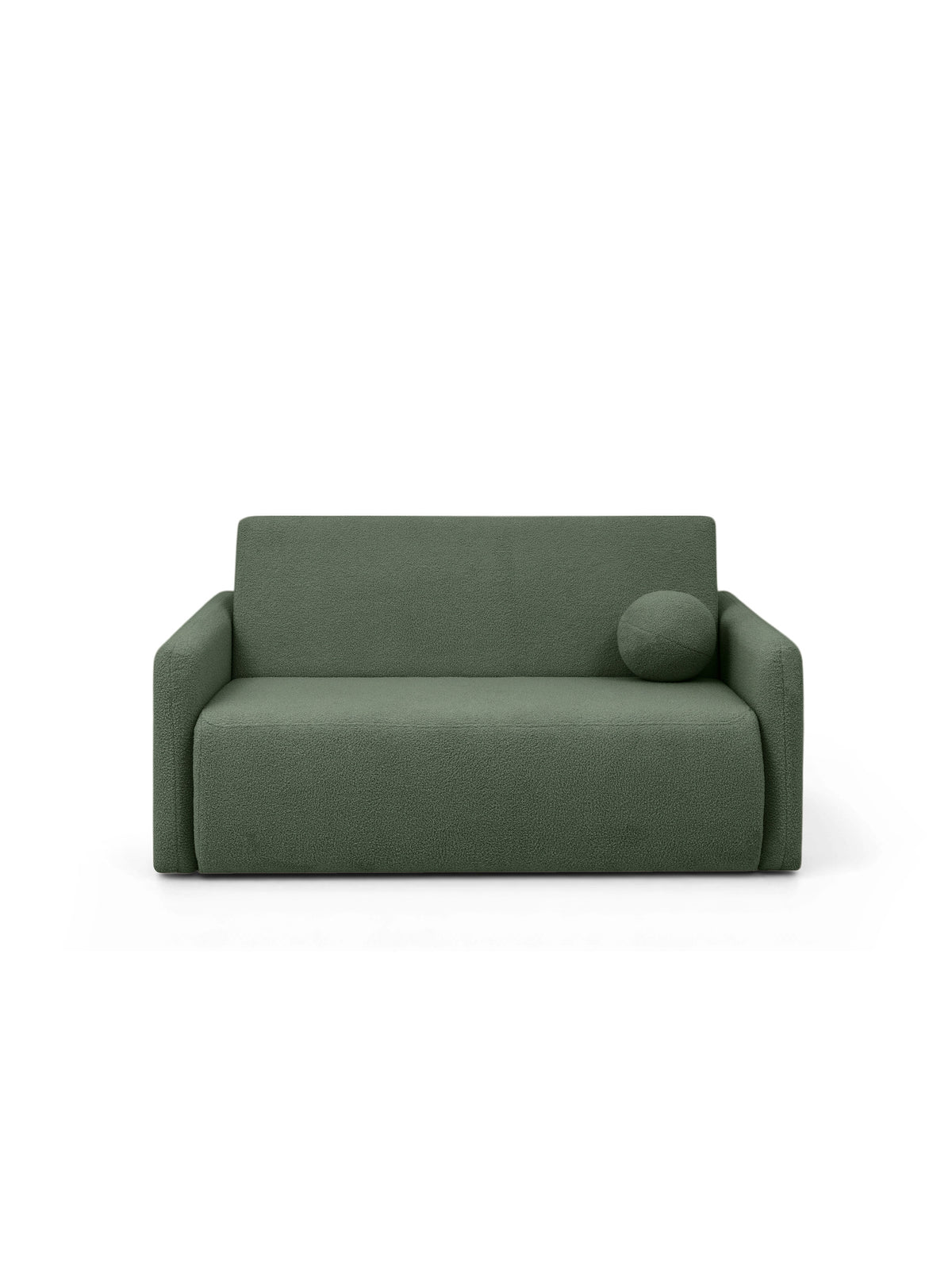 Nido kétszemélyes 120 cm-es kihúzható kanapé zöld boucle kárpittal, párnával, elölnézet