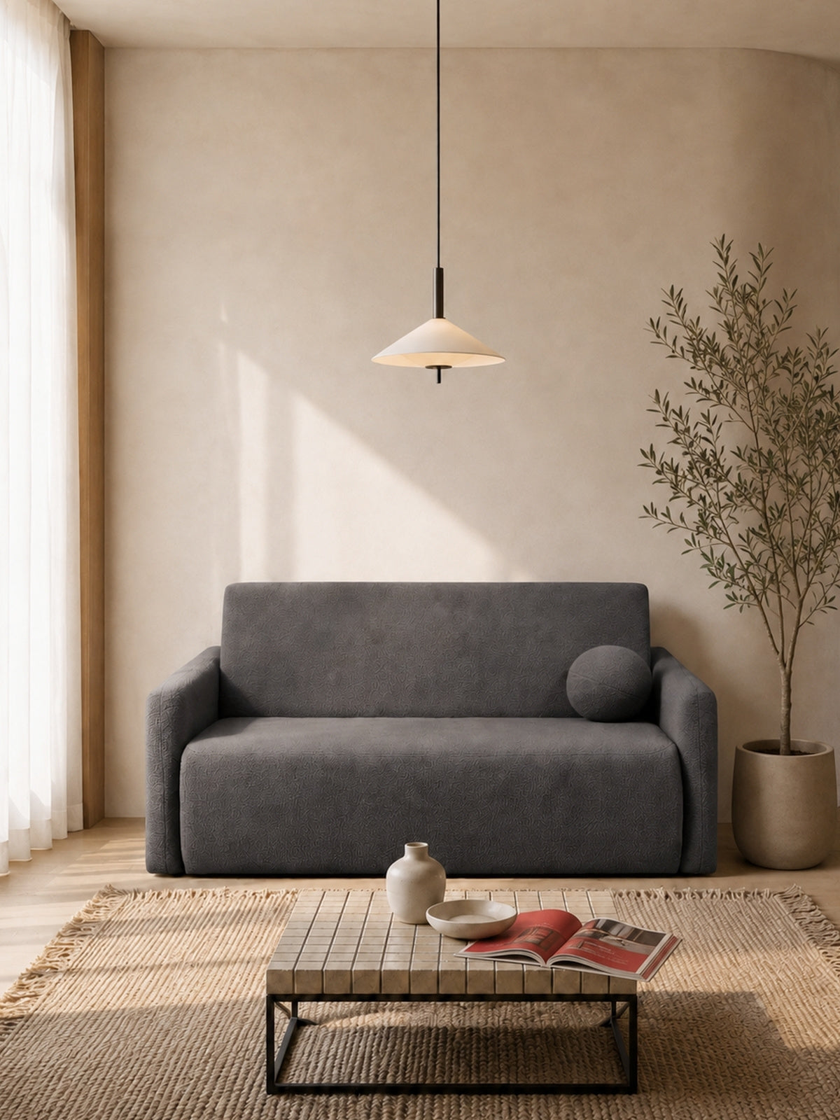 Sofa rozkładana trzyosobowa Nido boucle szara z poduszką w nowoczesnym wnętrzu