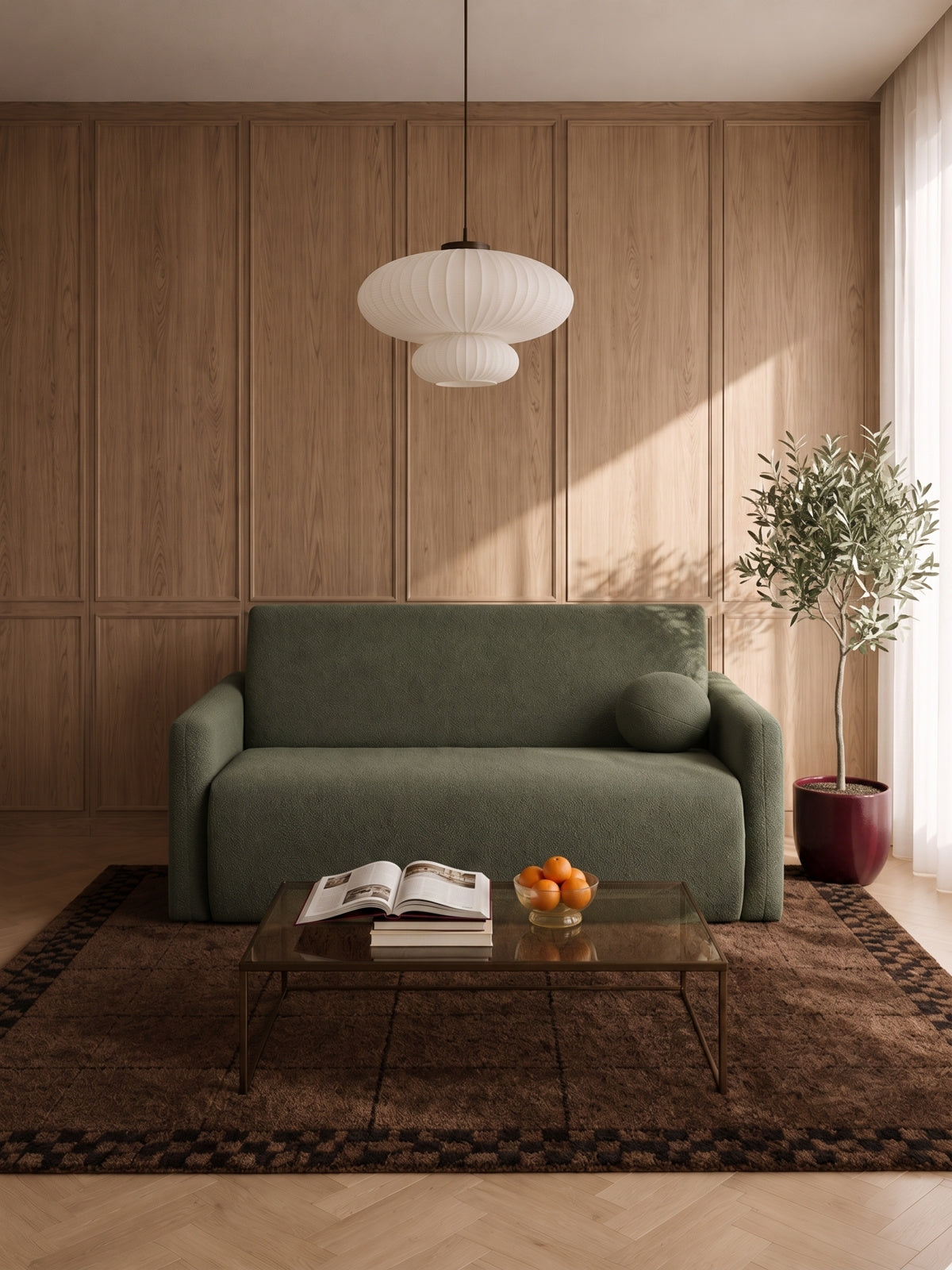 Sofa rozkładana Nido 140 cm zielona boucle z pojemnikiem, widok frontalny