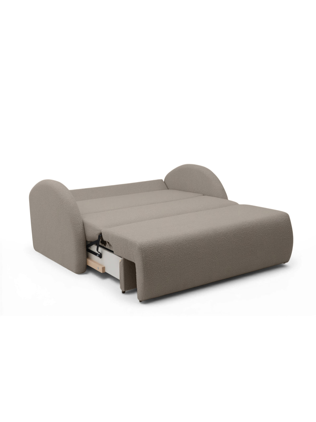 Nubi 120 cm kihúzható kanapé bézs boucle kárpittal, ágyneműtartóval, kinyitva