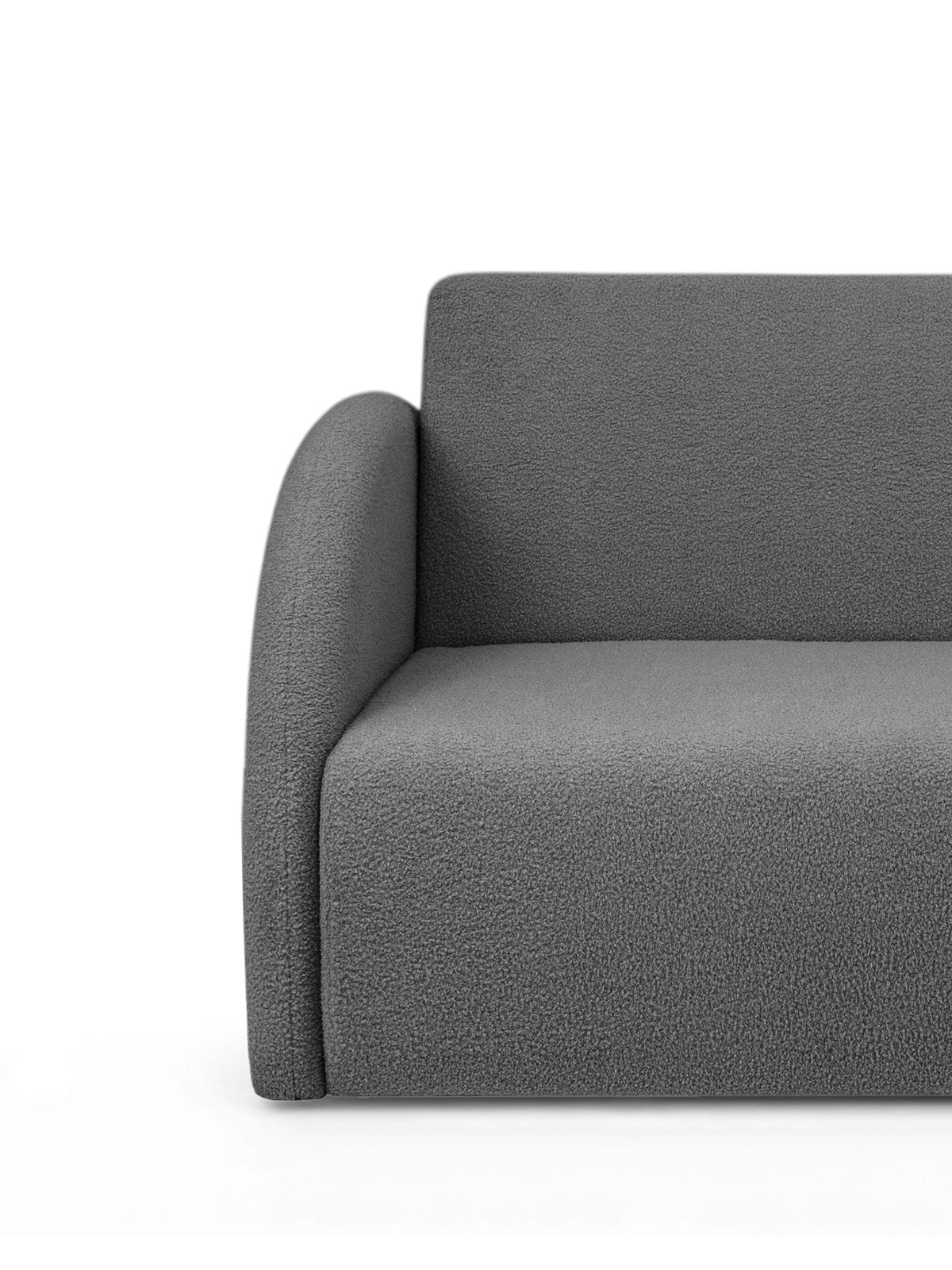 Nubi 120 cm-es kétszemélyes kihajtható kanapé szürke boucle kárpittal, oldalnézet és ülőrész