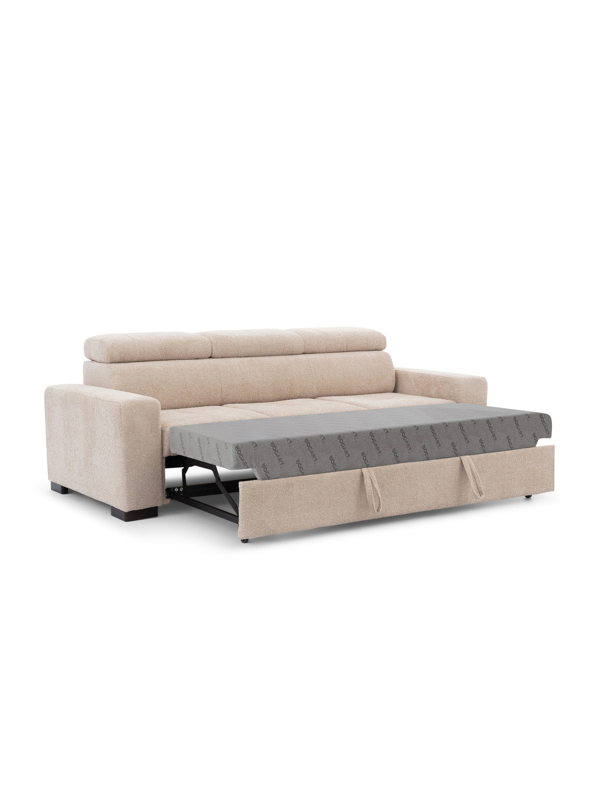 Sofa trzyosobowa Modeno z funkcją spania w kolorze beżowym, rozłożona