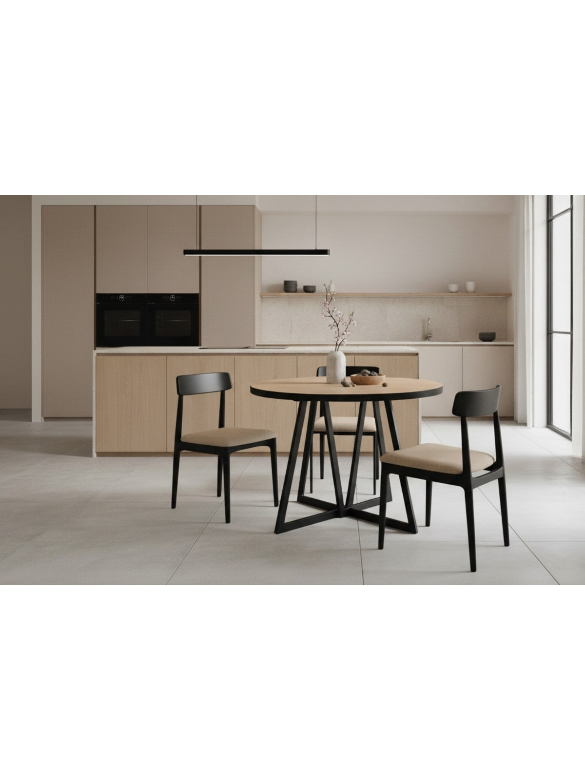 Stół okrągły Cedrus Linear rozkładany 105/160 cm z blatem dąb hikora i czarnym stelażem