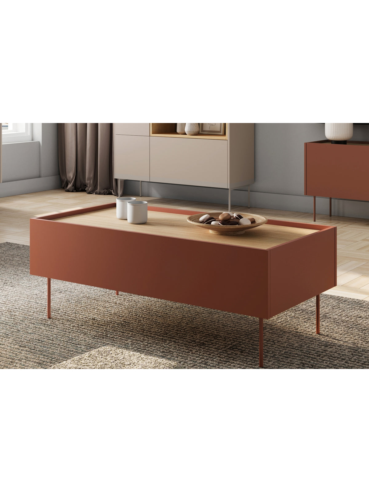 Stolik kawowy Desin 120 cm ceramic red mat z dębem nagano i dwiema szufladami