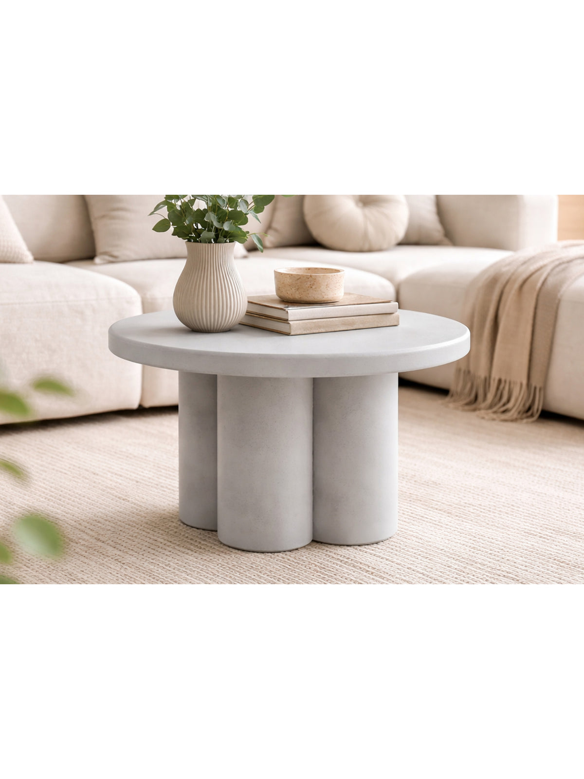 Kerek Cylindus 80 cm kávézóasztal világosszürke háromoszlopos talppal