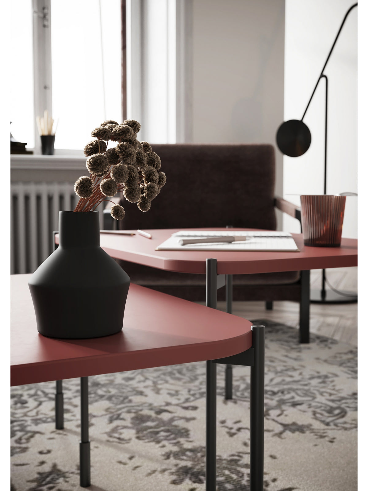 asztal kawowy Sonatia 60 cm prostokatny fém lábakon - burgund