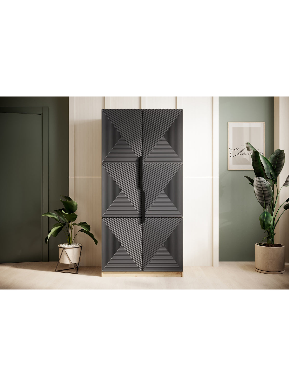 ruhásszekrény Asha 100 cm z ryflowanym frontem i metalowymi uchwytami- artisan / rivier stone mat / fekete Fogantyúk