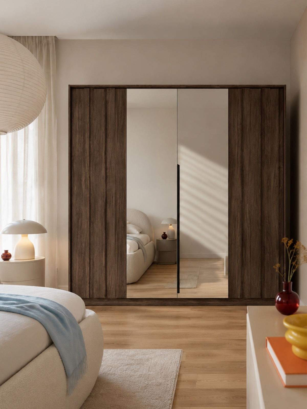 Flaro 223 cm-es ruhásszekrény LED világítással, tölgy dunin színben, tükrös ajtókkal