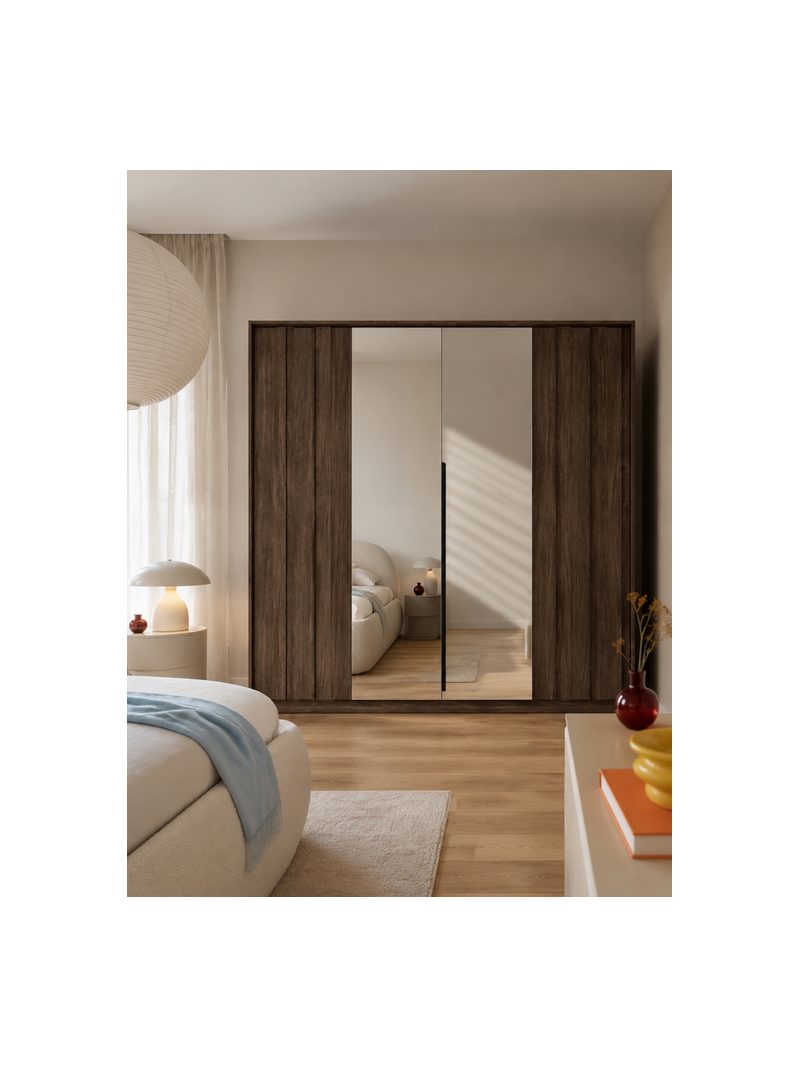 Flaro 223 cm-es ruhásszekrény LED világítással, tölgy dunin színben, tükrös ajtókkal
