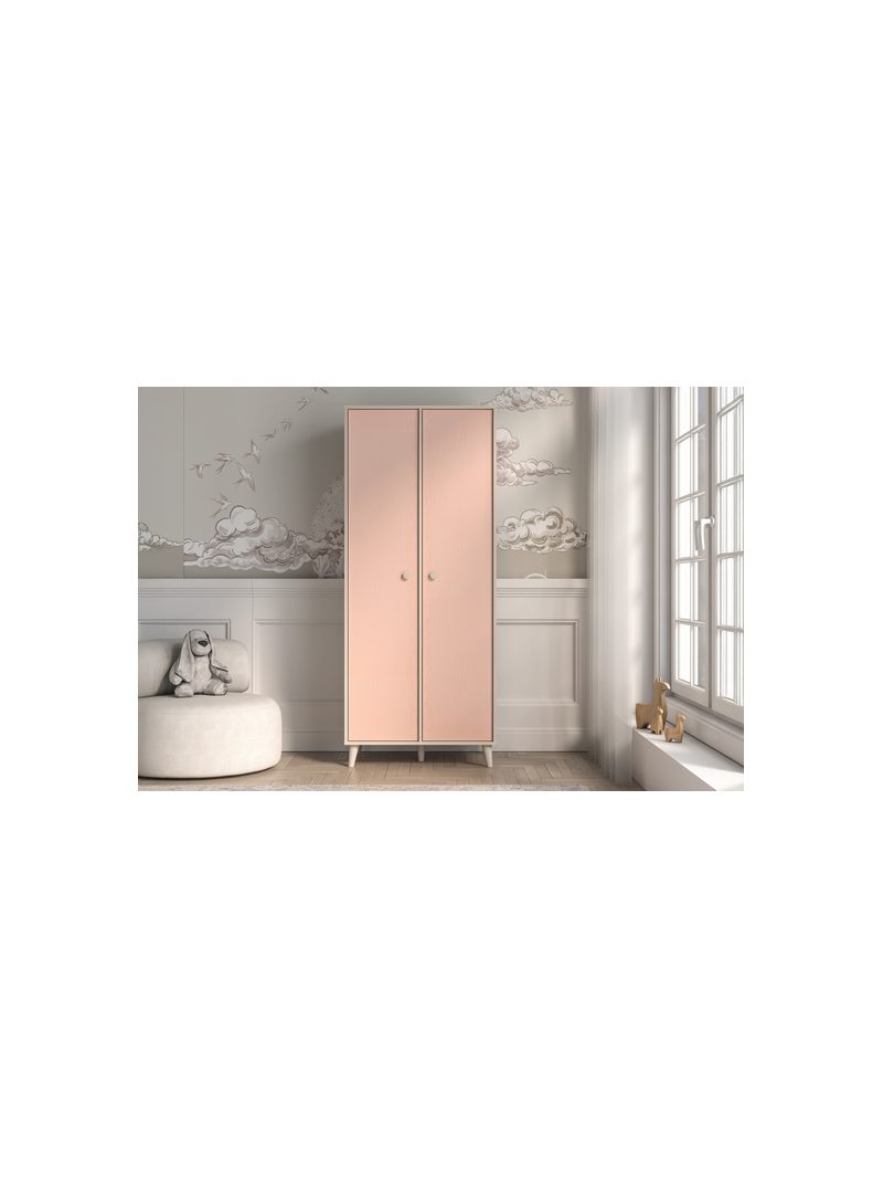 Marla gyerekszekrény 80 cm sivatagi homok és millenial pink színben, rózsaszín ajtók, elölnézet