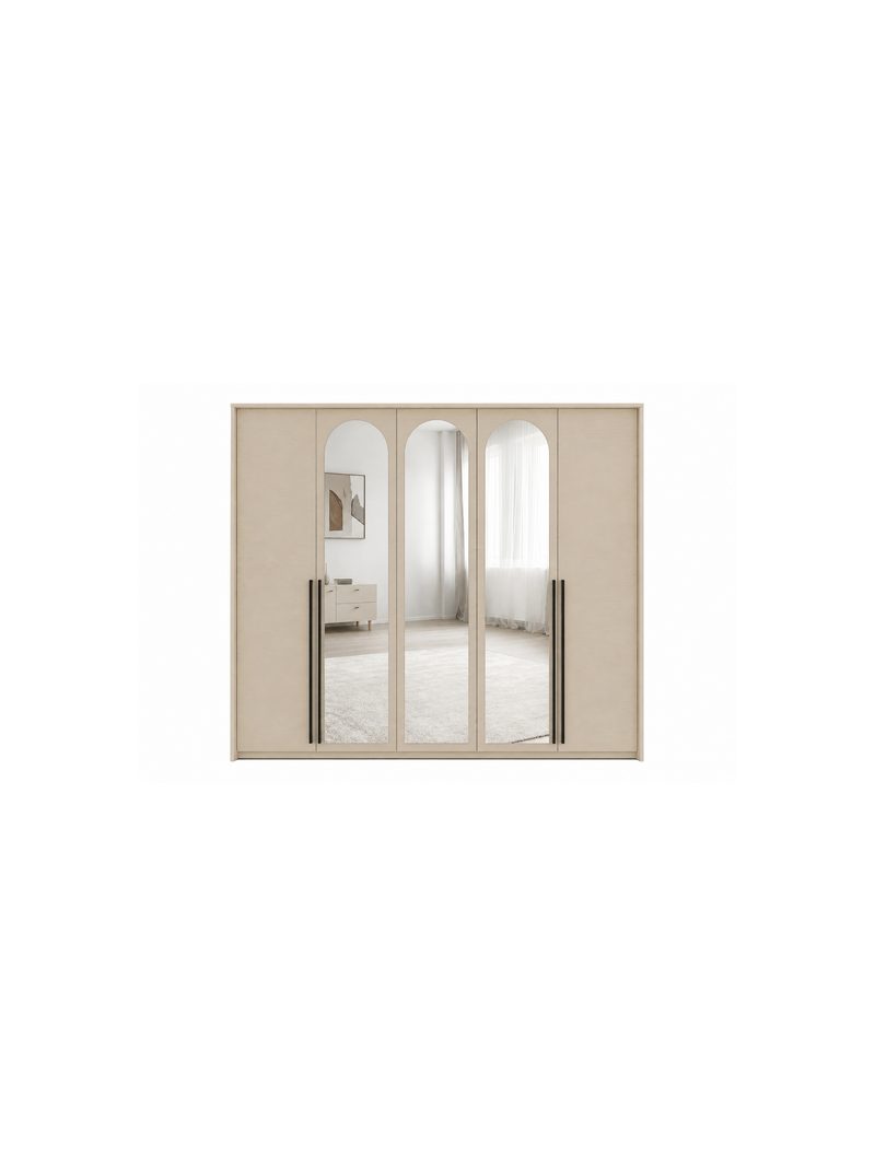 Ovana 255 cm ötajtós szekrény tükrökkel, homokbézs laminált fronttal