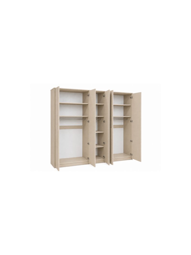 Ovana 255 cm ötajtós szekrény beige színű tükrökkel, belső polcokkal és ruhafogasokkal