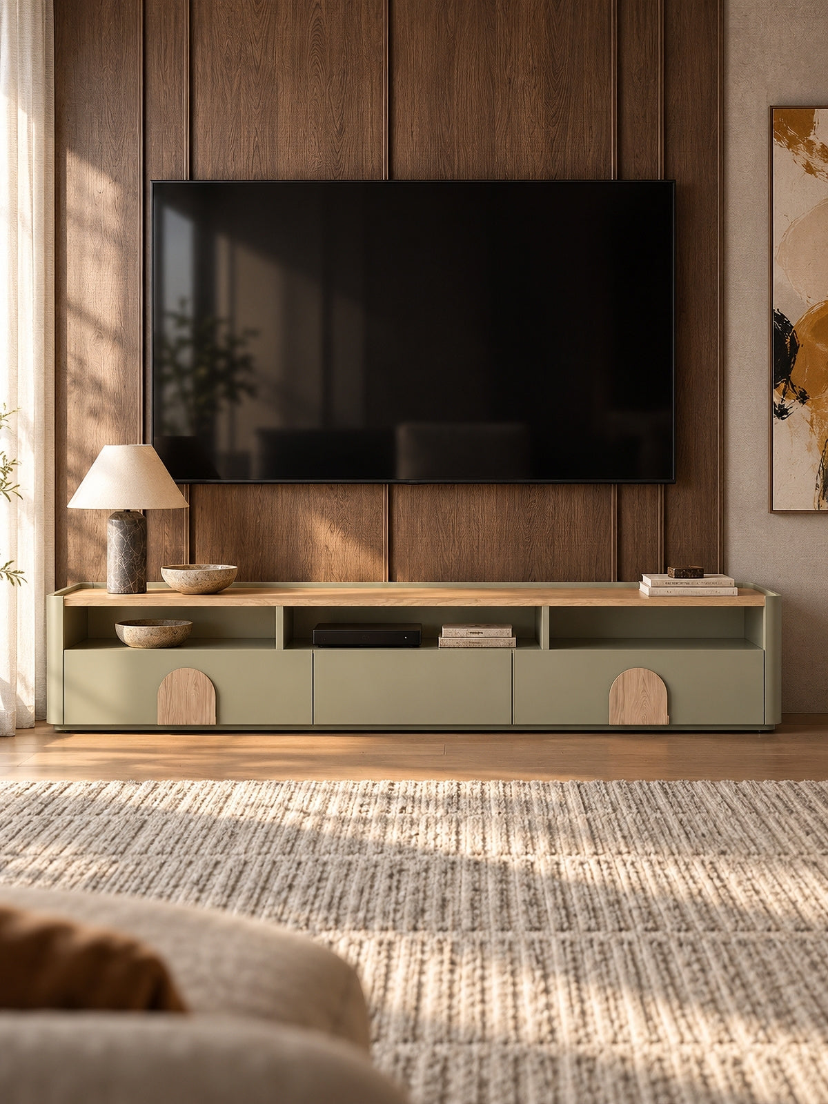 TV-szekrény Amilio 200 cm fiokokkal - eukaliptus / dab baltic dune / Fogantyúk dab természetes