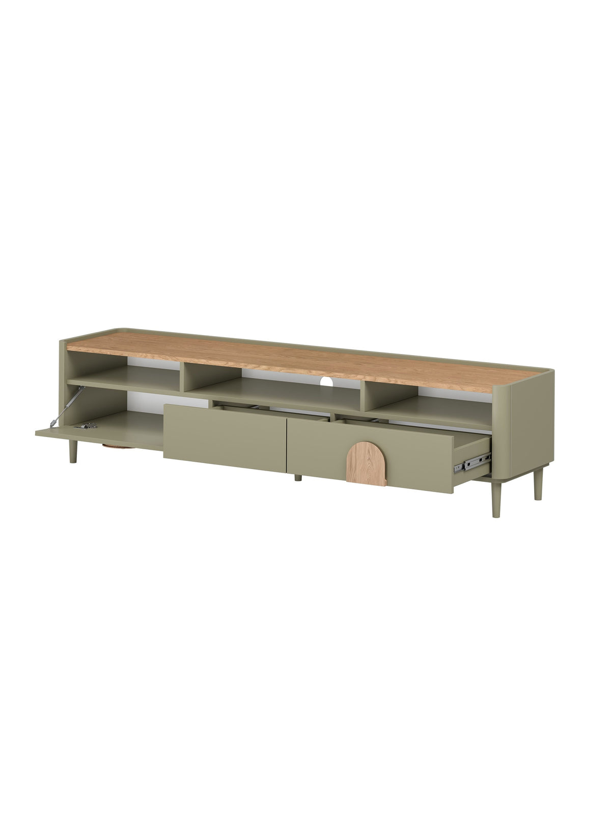 Amilio 200 cm TV szekrény fiókokkal, eukaliptusz szín, baltic dune tölgy lap