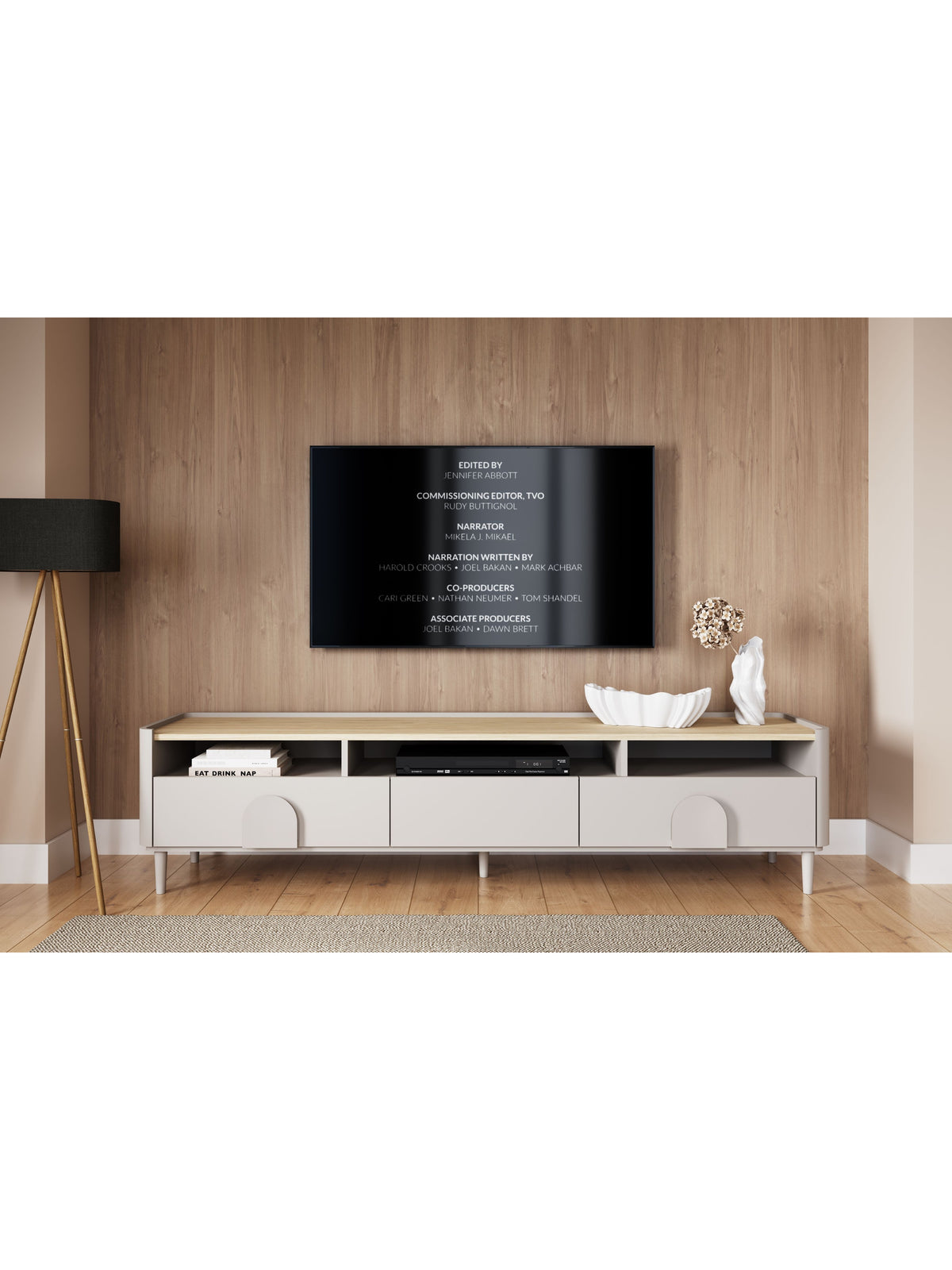 Amilio 200 cm kasmír TV szekrény diófa lap és fiókok lábakkal