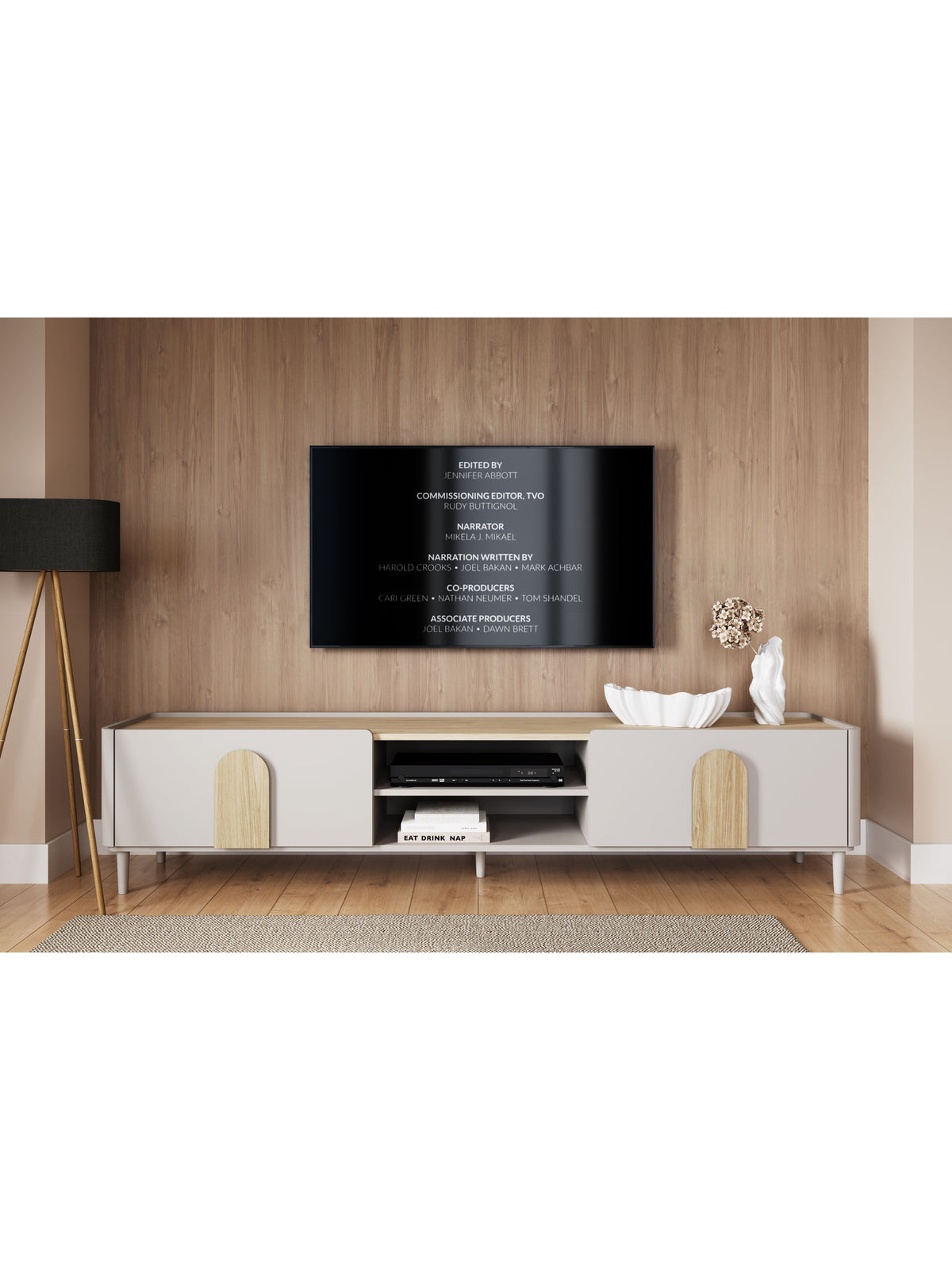 Amilio TV szekrény 220 cm kasmír színben, egy fiókkal, világos fa fogantyúkkal