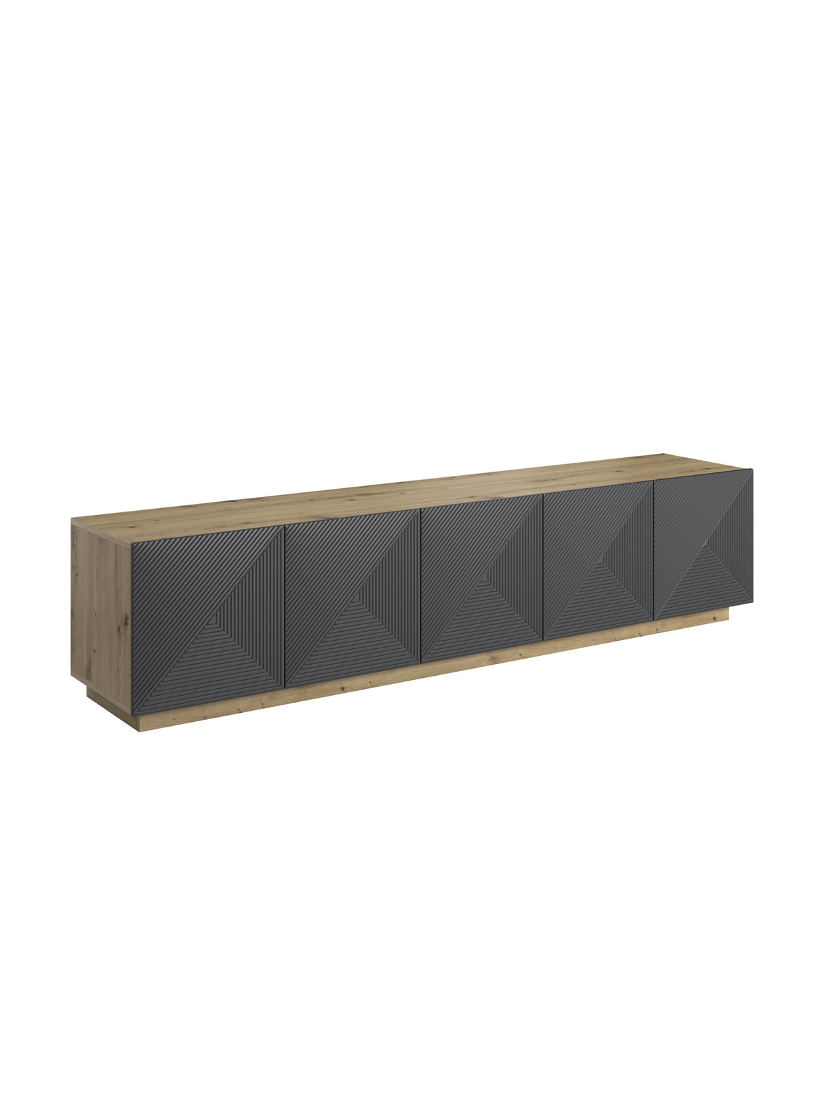Asha 200 cm-es RTV szekrény öt ajtóval, bordázott front rivier stone matt és artisan tölgy korpusz