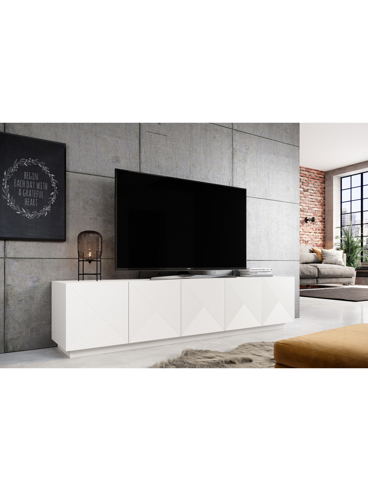 Asha 200 cm-es TV szekrény ötajtós, barázdált matt fehér fronttal