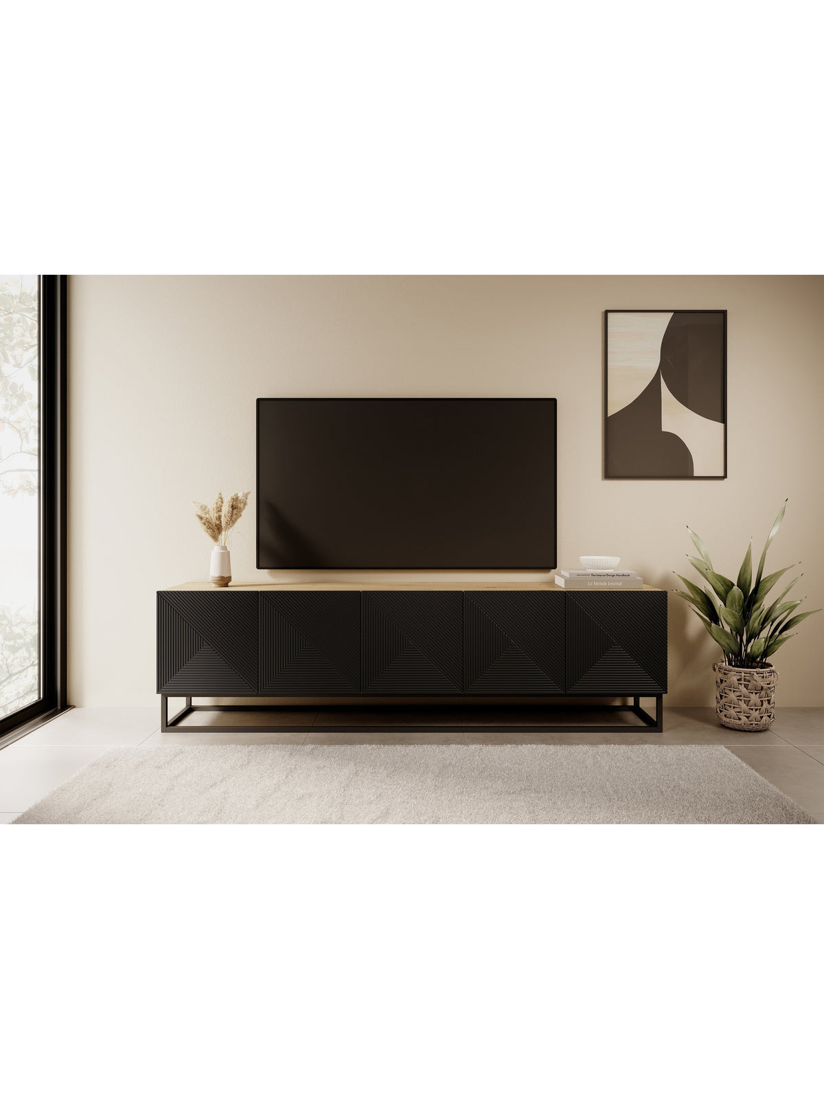 Asha 200 cm TV-szekrény bordázott fekete fronttal és fekete fém vázzal, elölről