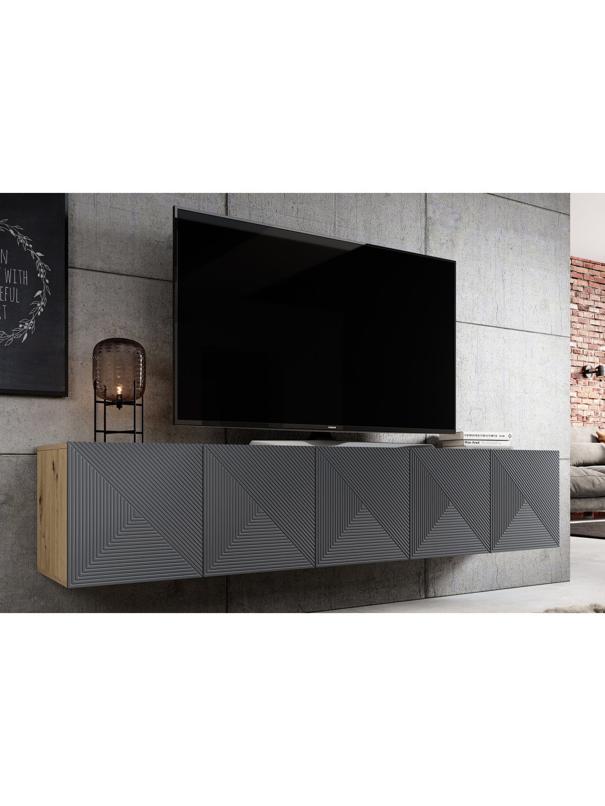 Asha 200 cm falra szerelhető RTV szekrény, bordázott front artisan és rivier stone mat színben
