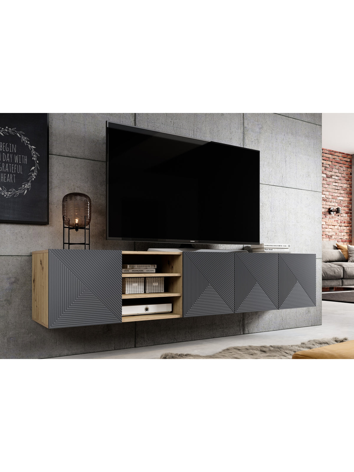 Asha 200 cm-es falra szerelhető TV szekrény, bordázott fronttal, rivier stone matt színben