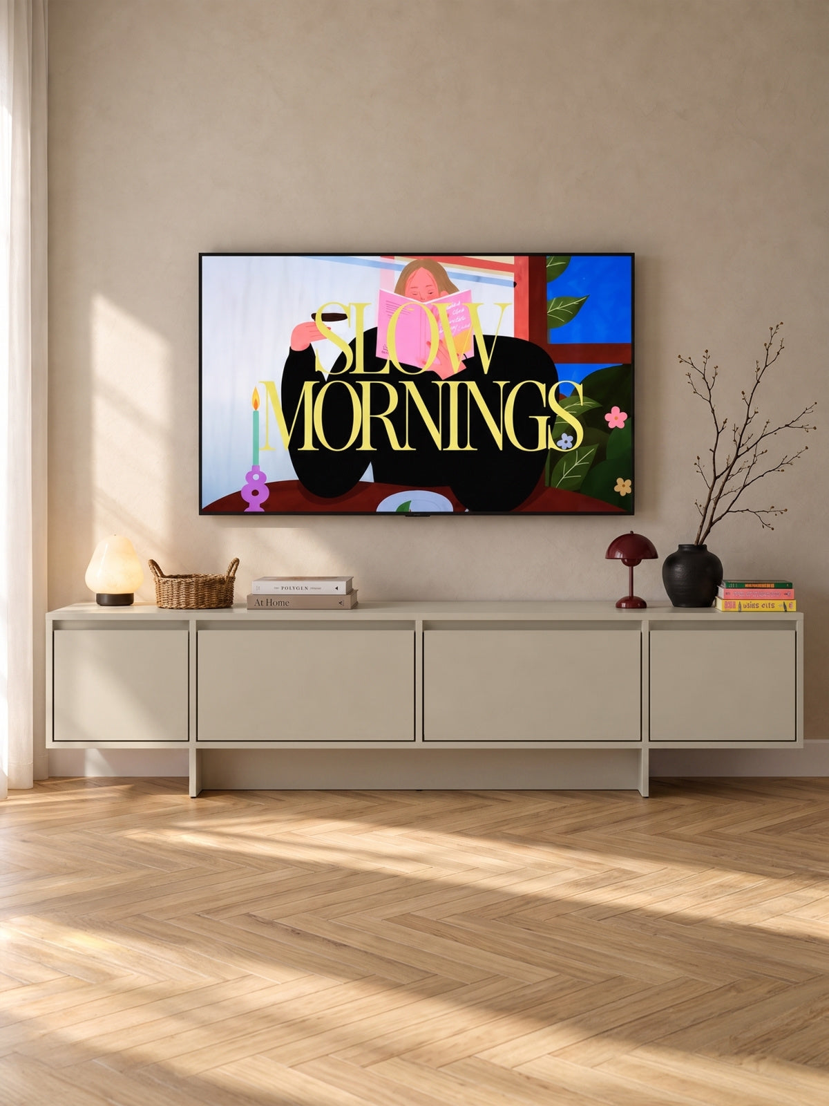 Zolia 180 cm-es TV-szekrény négy ajtóval kasmír színben, modern stílusban