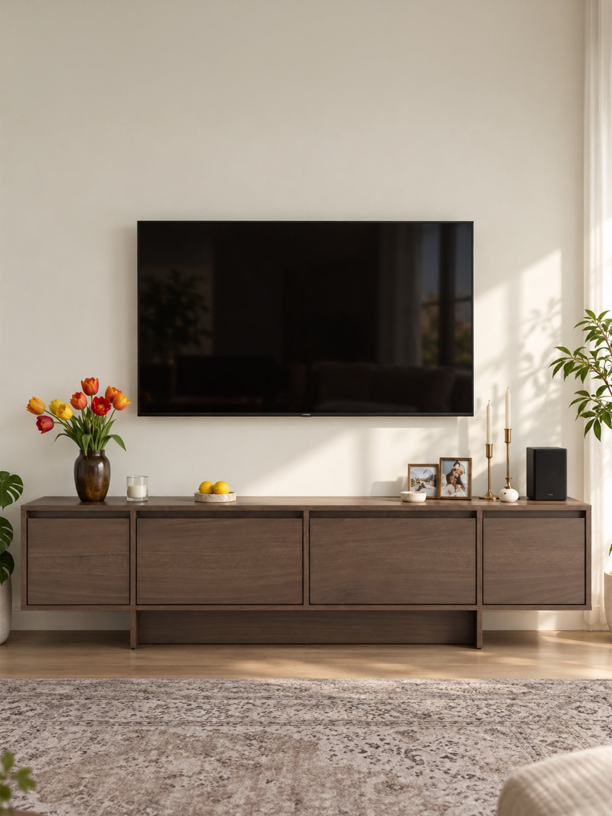 Zolia 180 cm-es TV-szekrény orzech elegant színben, sima ajtókkal, fogantyú nélkül