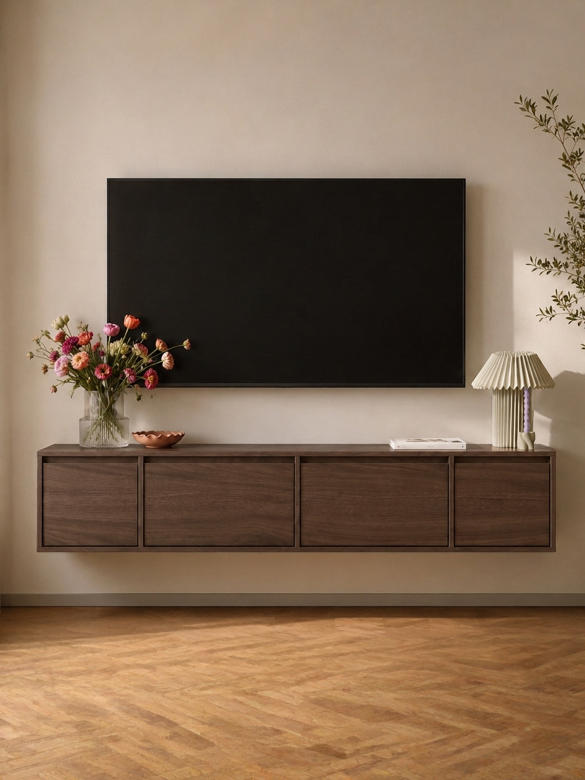 Zolia 180 cm fali RTV szekrény orzech elegant színben, sima felület és elülső rész látható