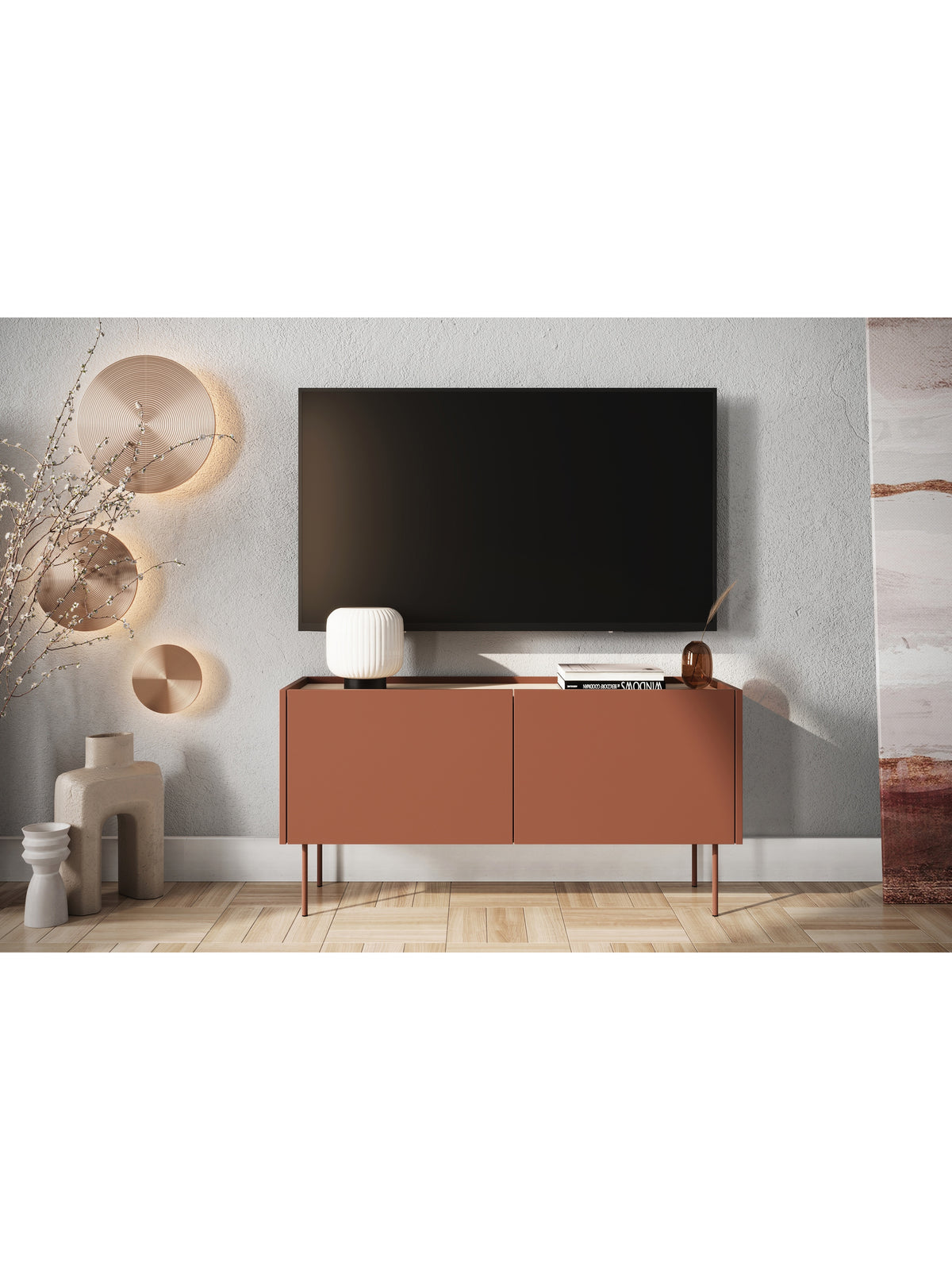 Szafka RTV Desin 120 cm bordowa z metalowymi nogami i frontem ceramic red