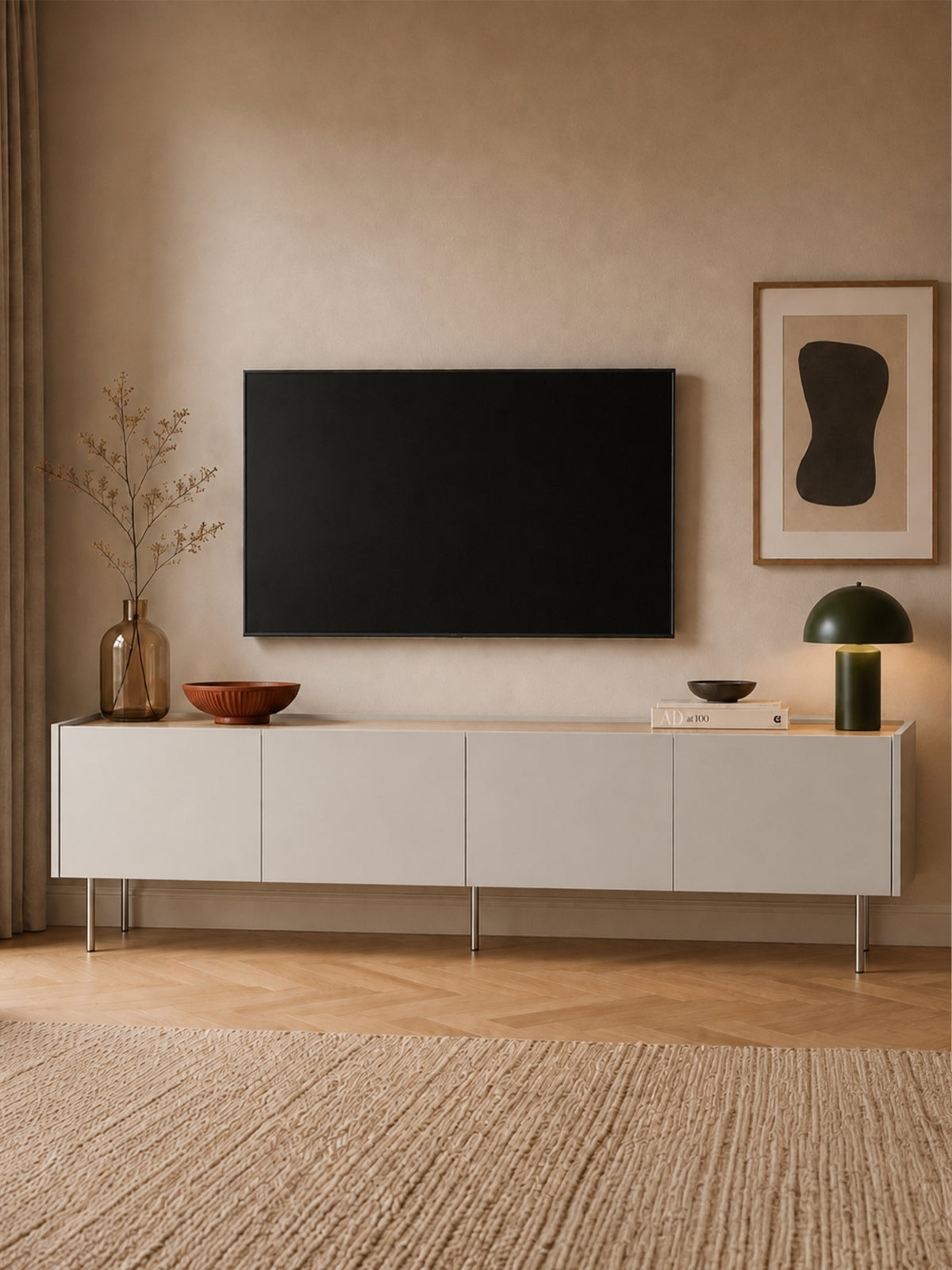 Desin TV szekrény 220 cm kasmír színű, tölgy nagano lapos fém lábakon